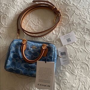 *SOLD*. Coach Denim Signature 2026 drop Mini Rowan with Tan Leather Trim